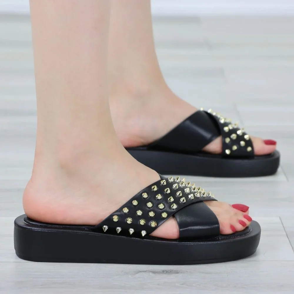 Black Sliders Slip On Sandals Faux Leather Gold Metal Stud Criss Cross - Picture 4 of 12